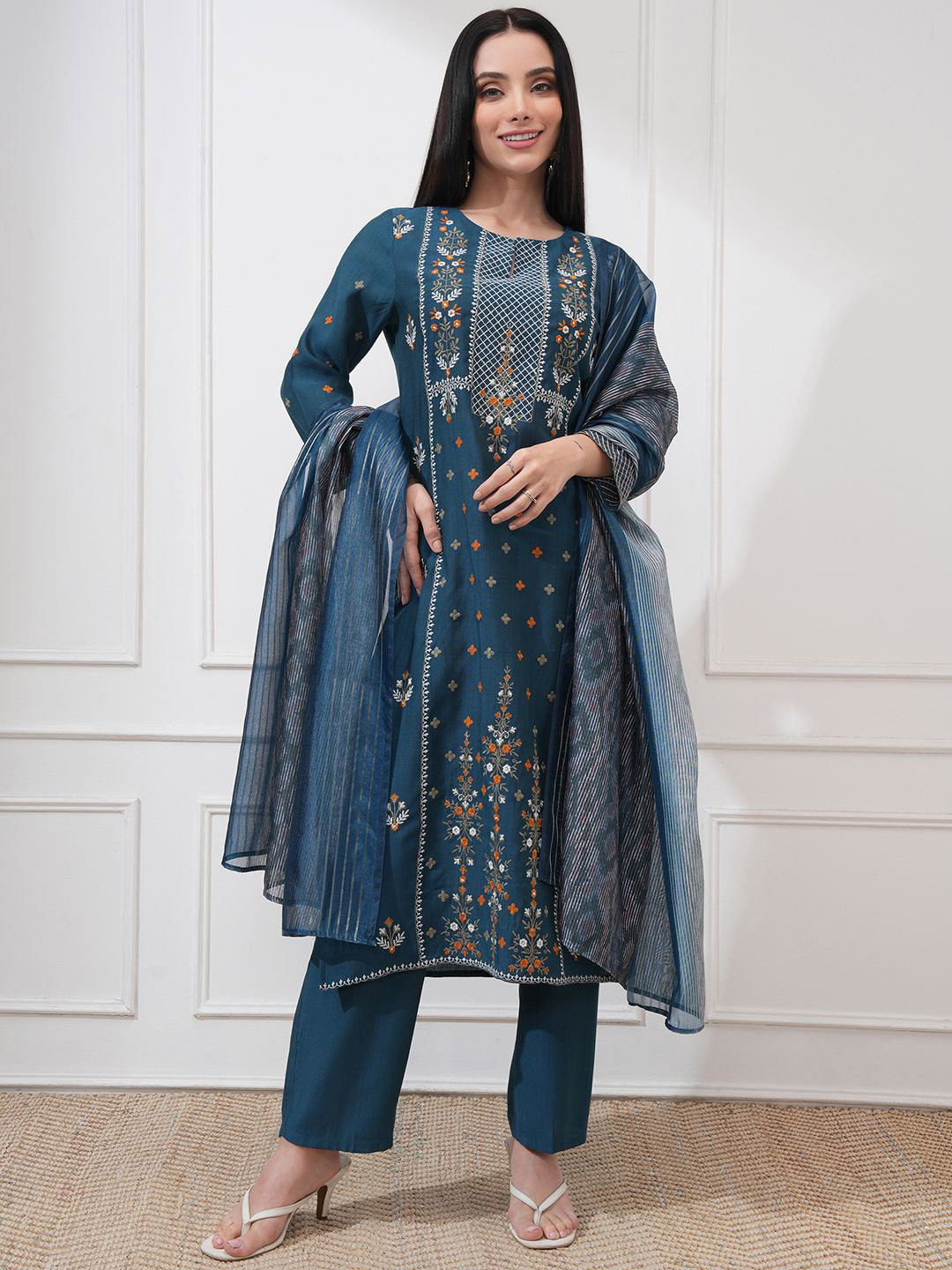 

Vishudh Floral Embroidered Thread Work Straight Kurta With Trouser And Dupatta, Blue