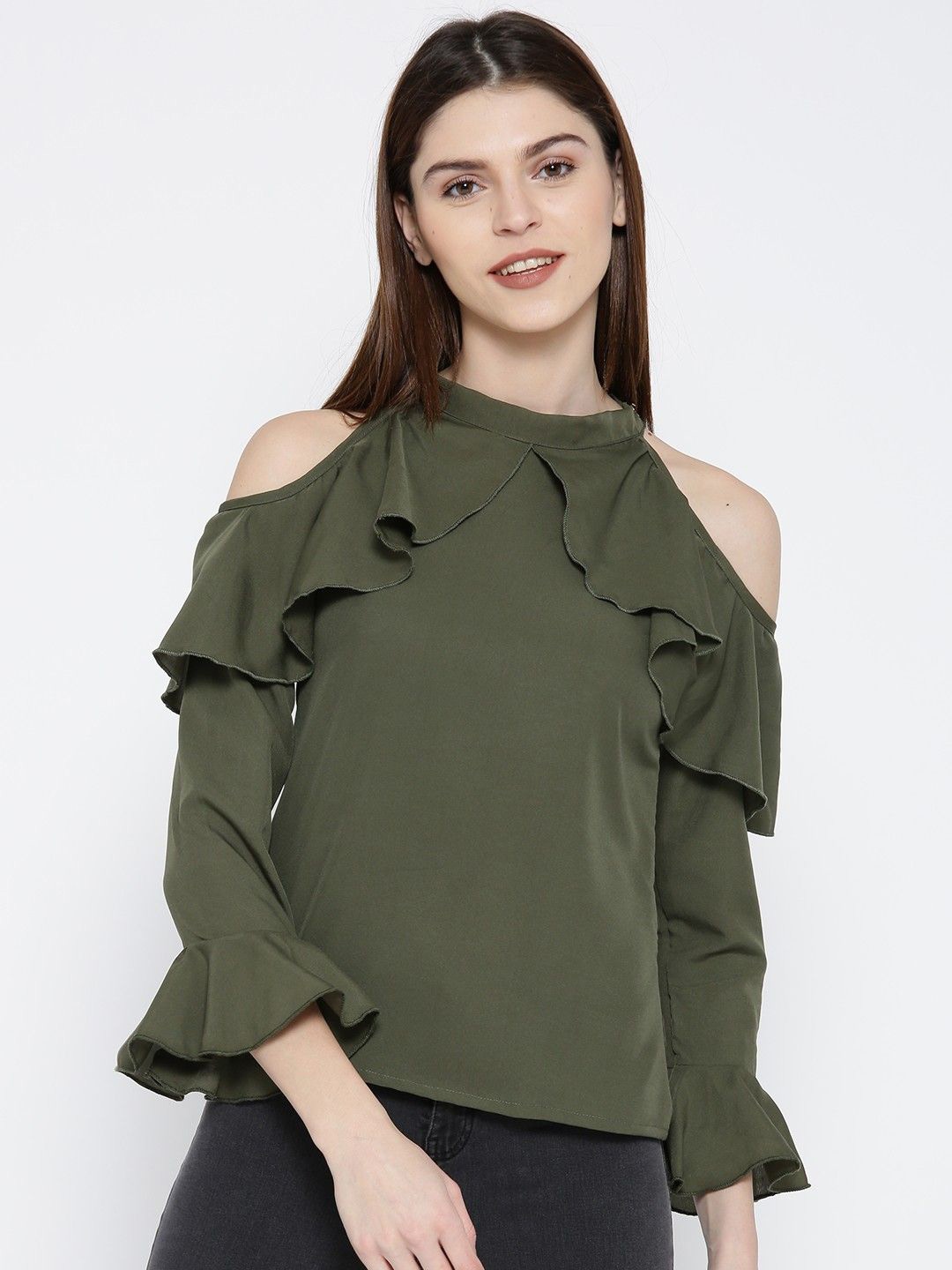 

Moda Rapido Women Cold-Shoulder Ruffles Crepe Top, Olive