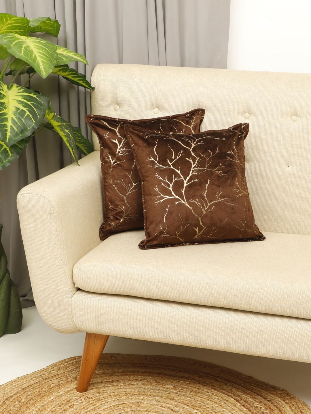

THE CONVERSION Coffee Brown 2 Pieces Floral Foil Printed Velvet Square Cushion Covers
