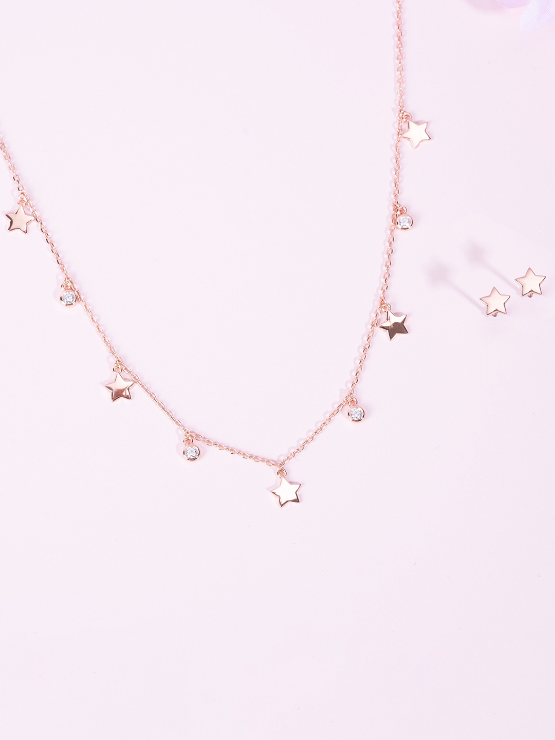

GLYTERS Sterling Silver Stones-Studded Celestial Charm Necklace & Earrings, Rose gold