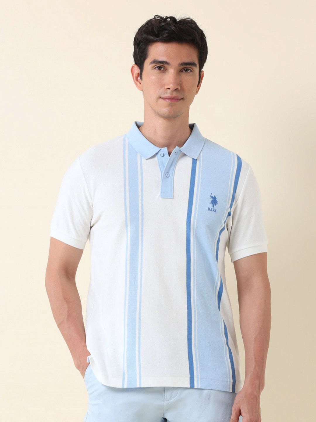 

U.S. Polo Assn. Men Striped Polo Collar Cotton T-shirt, White