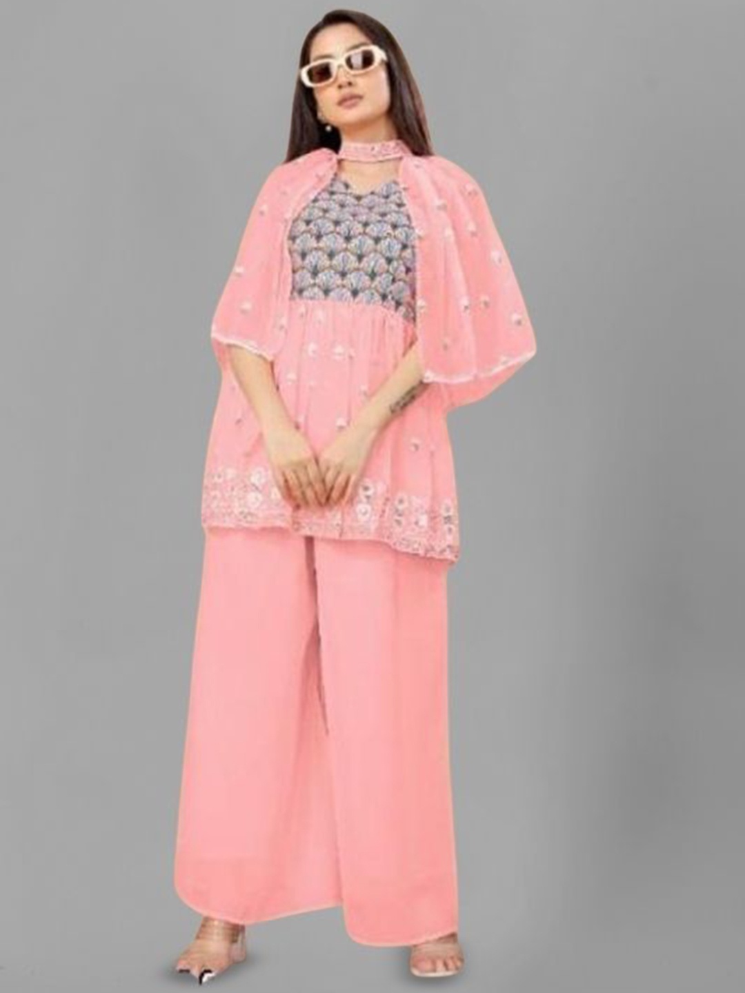 

PARROT CREATION Floral Embroidered Pleated Georgette A-Line Kurti with Palazzos & Cape, Pink