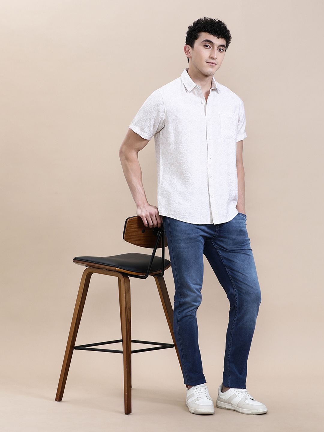 

Crocodile Men Printed Crinkled Effect Fluid Half Sleeve Shirt, Beige