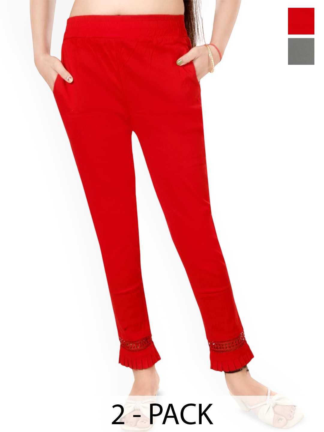 

Fessist Women Pack Of 2 Relaxed Slim Fit Easy Wash Pleated Cigarette Trousers, Multi
