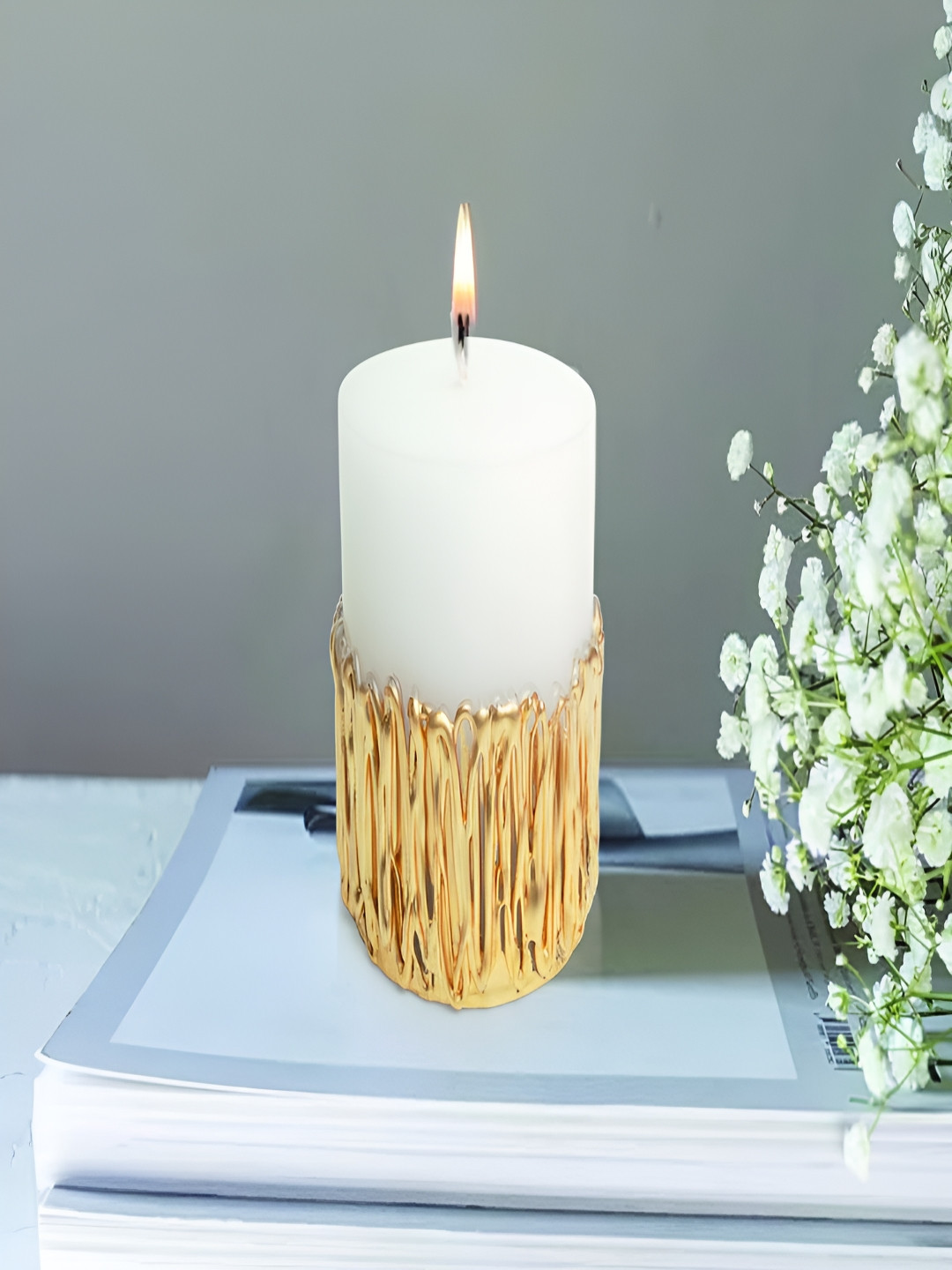 

PROKART Gold-Toned & White 3 pieces Pillar Candle