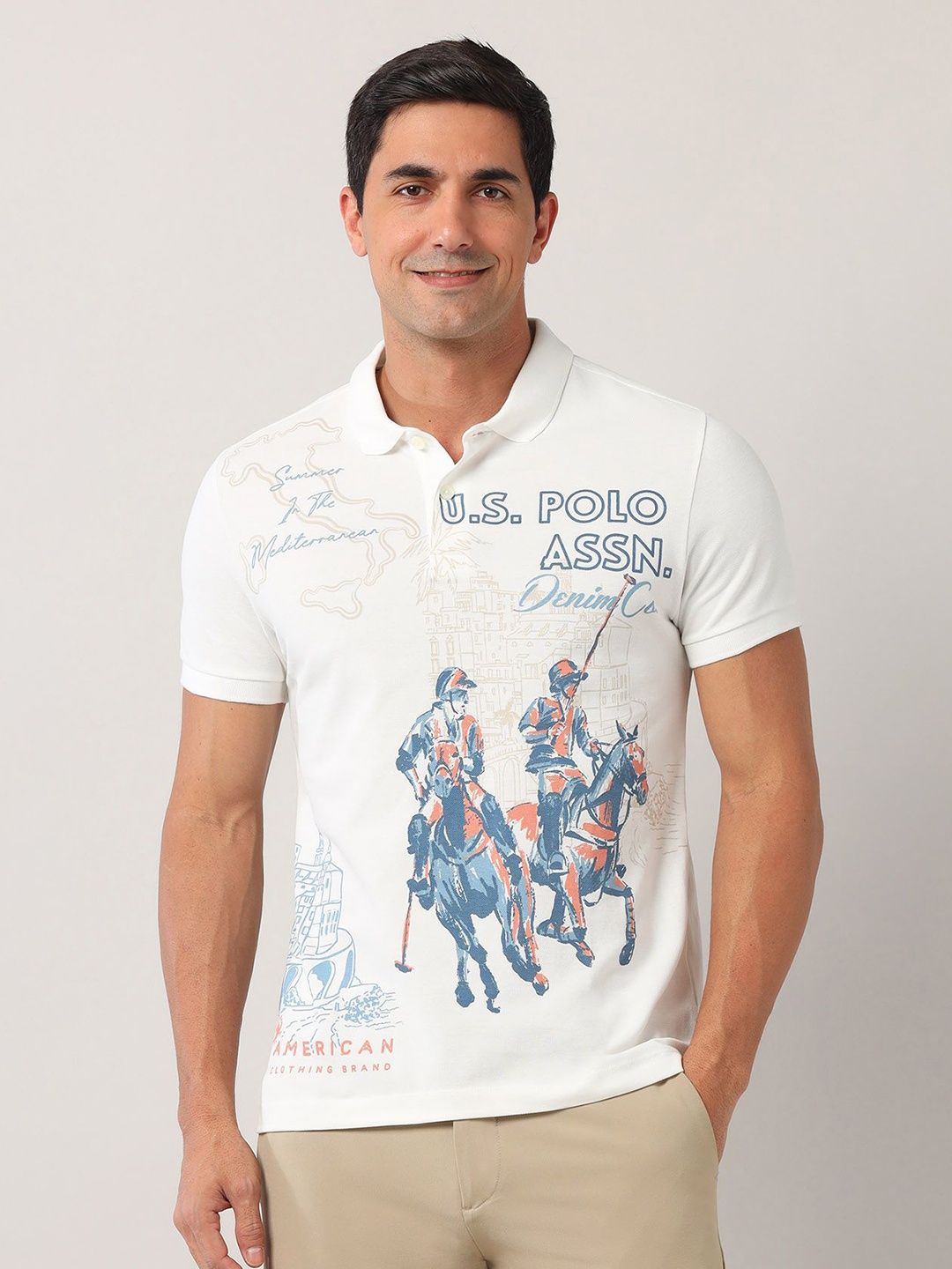 

U.S. Polo Assn. Denim Co. Men Graphic Printed Polo Collar Cotton Slim Fit T-shirt, White