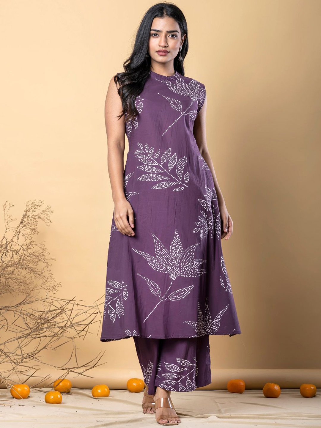 

Readiprint Floral Printed Sleeveless Pure Cotton A-Line Kurta With Palazzos, Purple