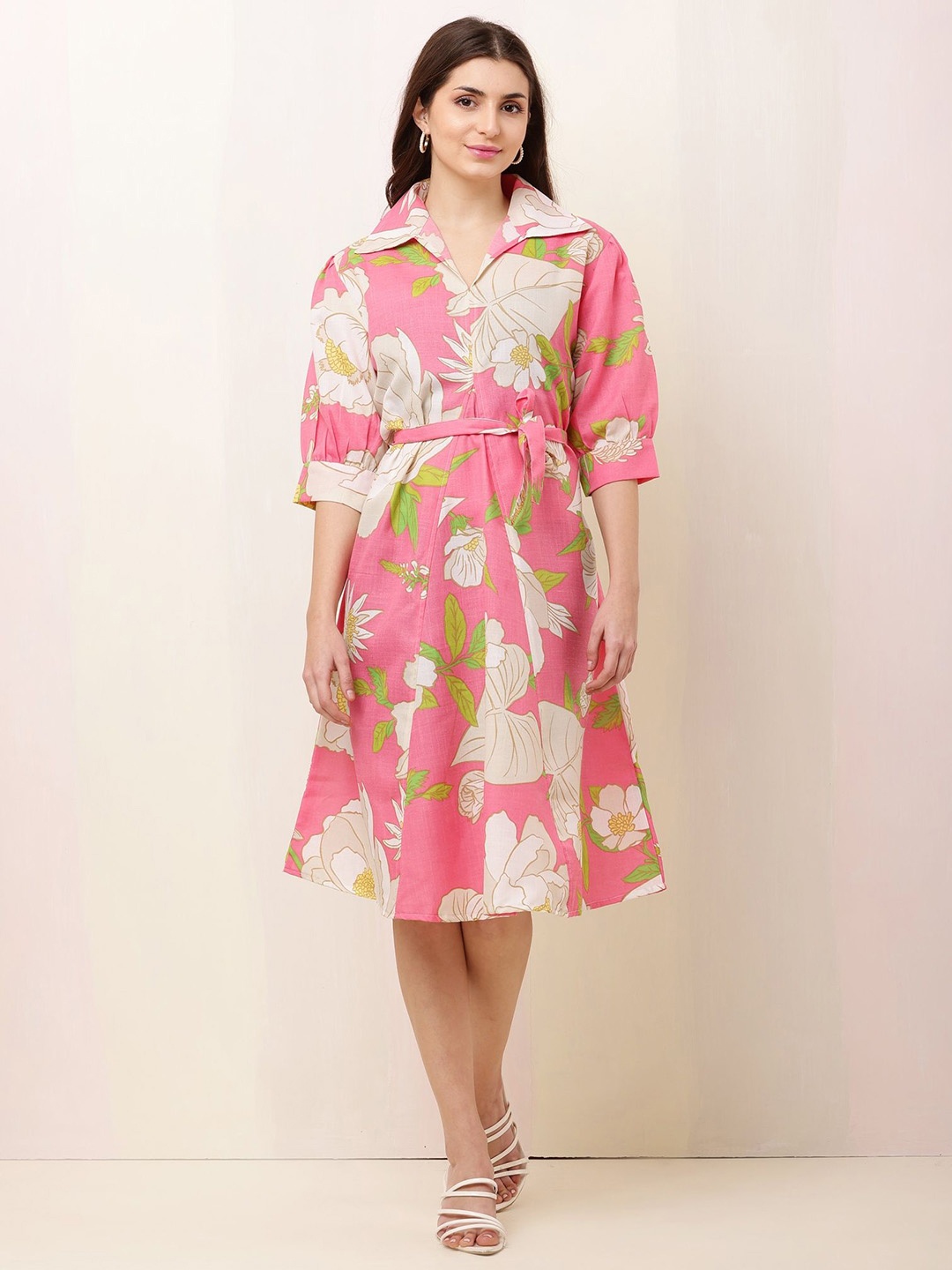

BAESD Women Floral Printed Shirt Collar Cuffed Sleeves Fit & Flare Dress, Pink