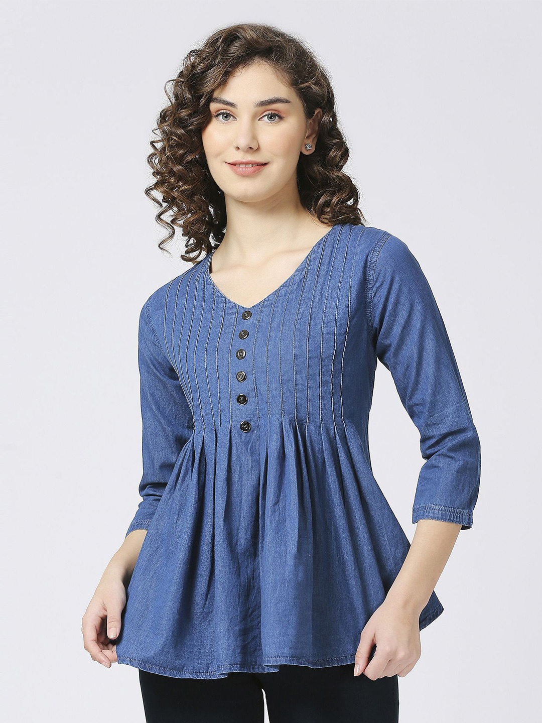 

CEFALU Denim Peplum Top, Blue