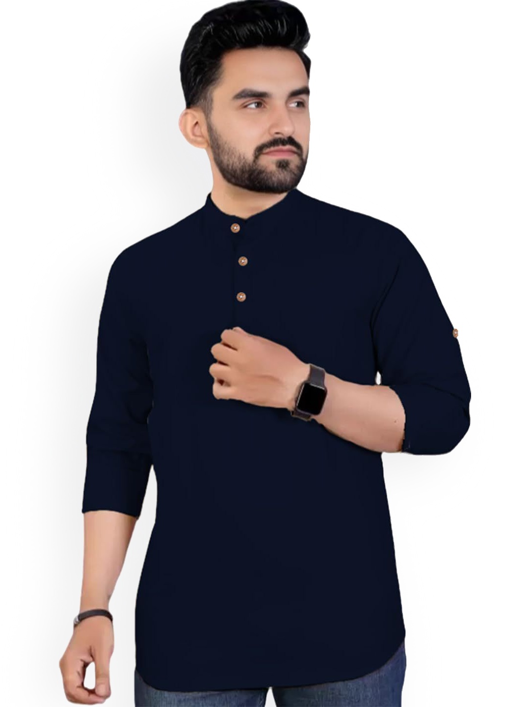 

Vida Loca Band Collar Rolled-Up Sleeves Pure Cotton Slim Fit Straight Short Kurta, Navy blue