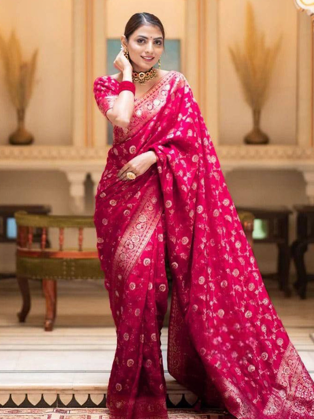 

A TO Z CART Woven Design Zari Pure Silk Banarasi Saree, Pink