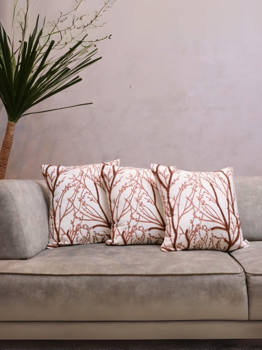 

LUSHLYF White & Brown 3 Pieces Floral Printed Woodland Branches Tufted Cushion Covers