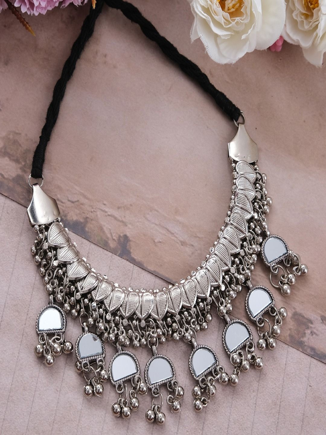 

Sangria Silver-Plated Artificial Beaded Oxidized Mirror Choker Necklace