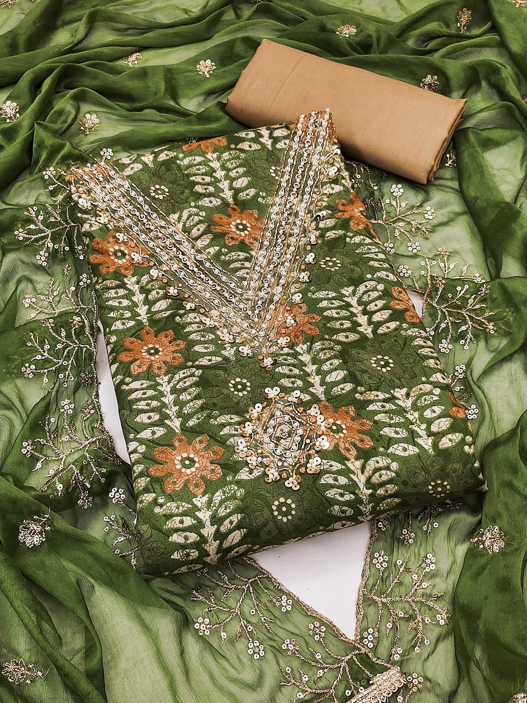 

SAINOOR Floral Printed Sequinned Jaam Cotton Unstitched Dress Material, Green