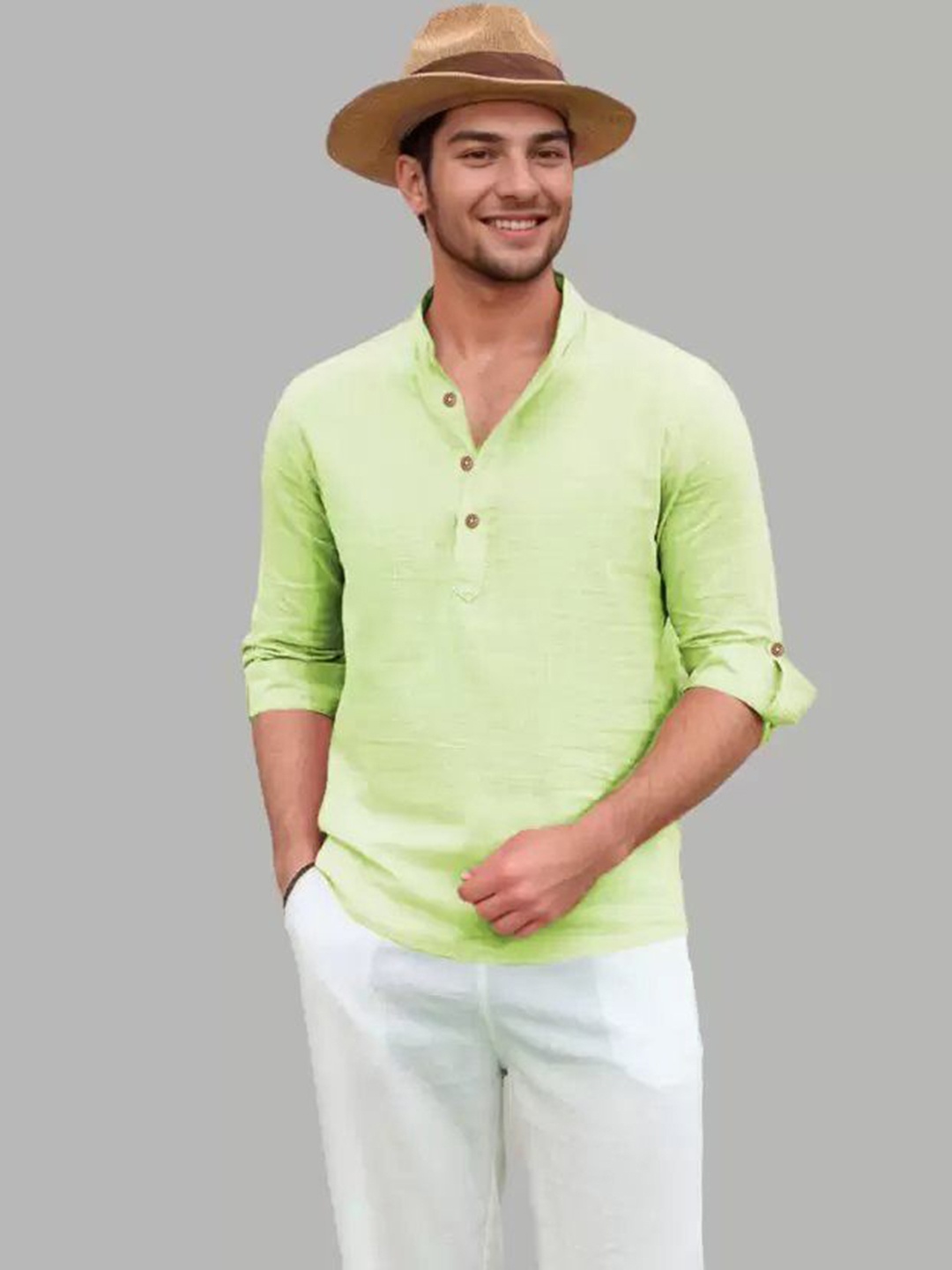 

LIFE ROADS Band Collar Roll-Up Sleeves Pure Cotton Short Kurta, Sea green