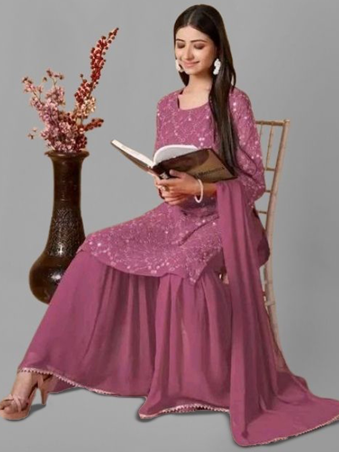 

PARROT CREATION Geometric Embroidered Georgette Straight Kurta With Sharara & Dupatta, Lavender