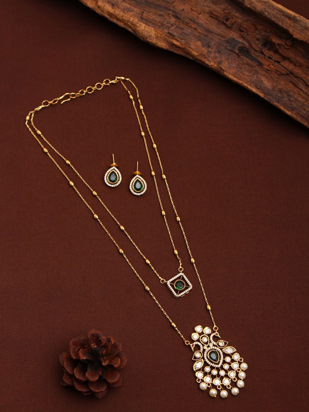 

Kattam Gold Plated Layered Green Peacock Pearl Chain