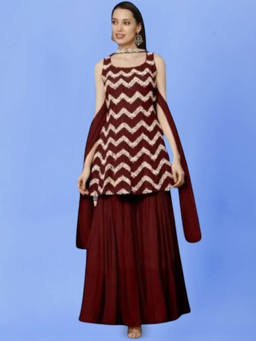 

PARROT CREATION Embroidered Straight Sequinned Kurti With Sharara And Dupatta, Maroon