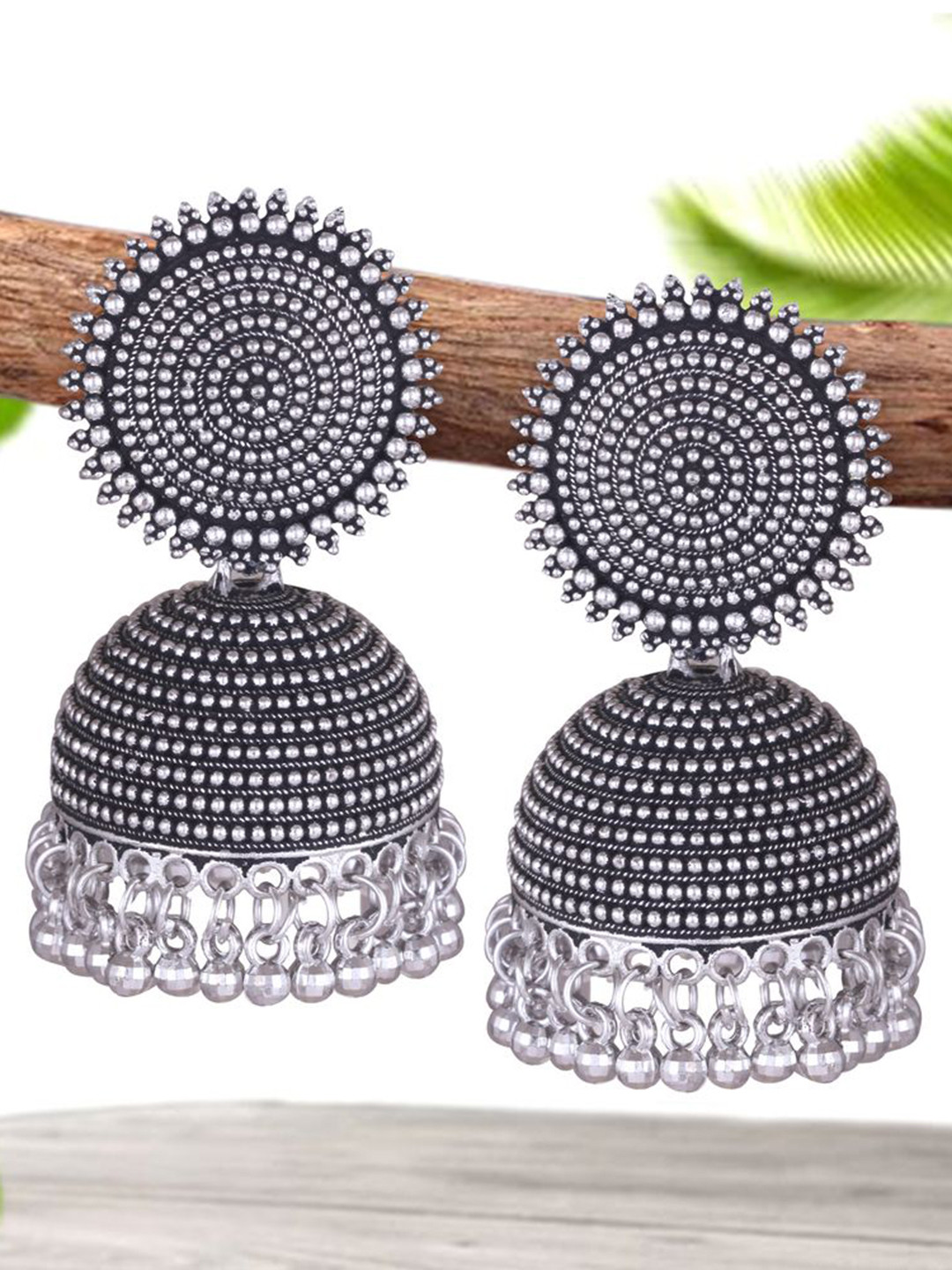 

DIVASTRI Silver-Plated Pearl Beaded Dome Shaped Oxidised Jhumkas
