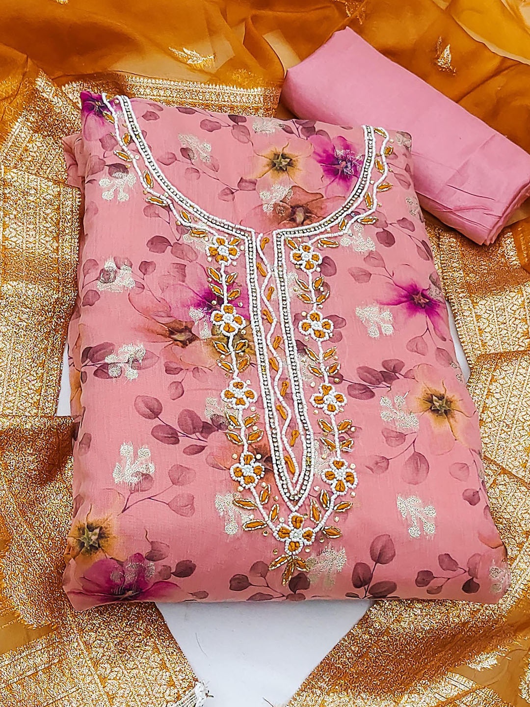 

SAINOOR Floral Printed Beads And Stones Organza Semi-Stitched Dress Material, Pink