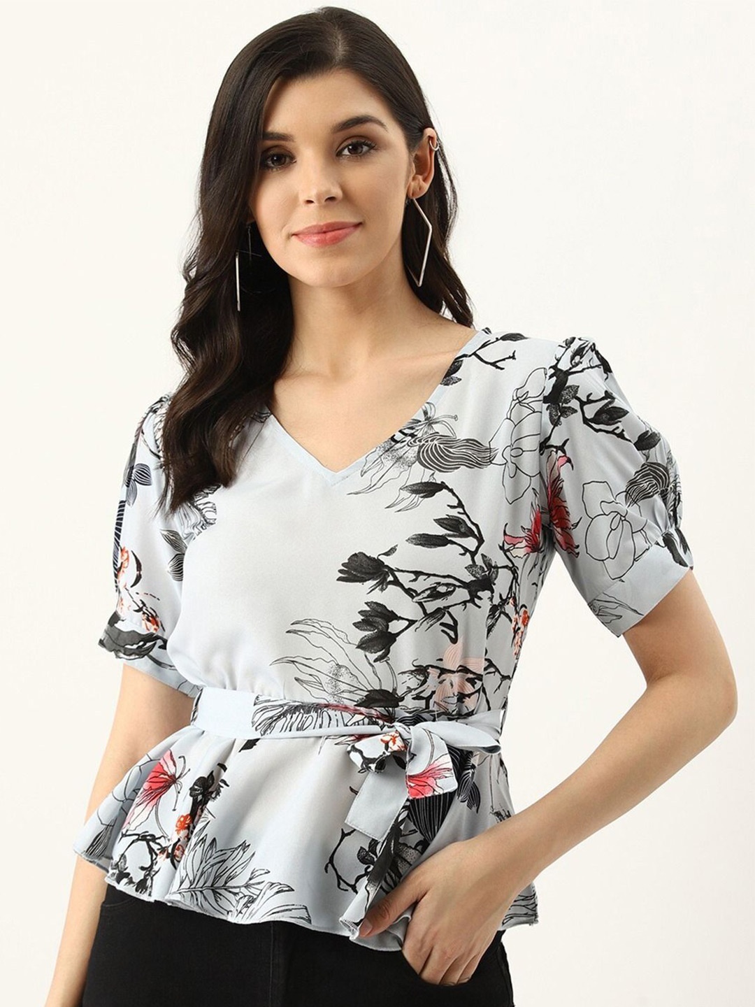 

Moda Rapido Women Floral Print Puff Sleeve Crepe Top, Grey