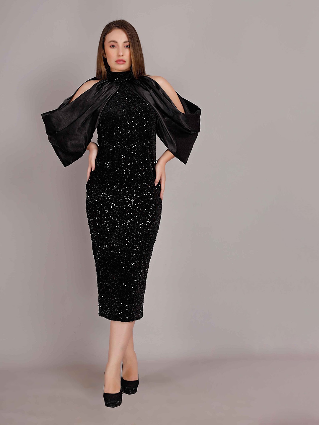 

Misverse Embellished High Neck Cold-Shoulder Bodycon Midi Dress, Black
