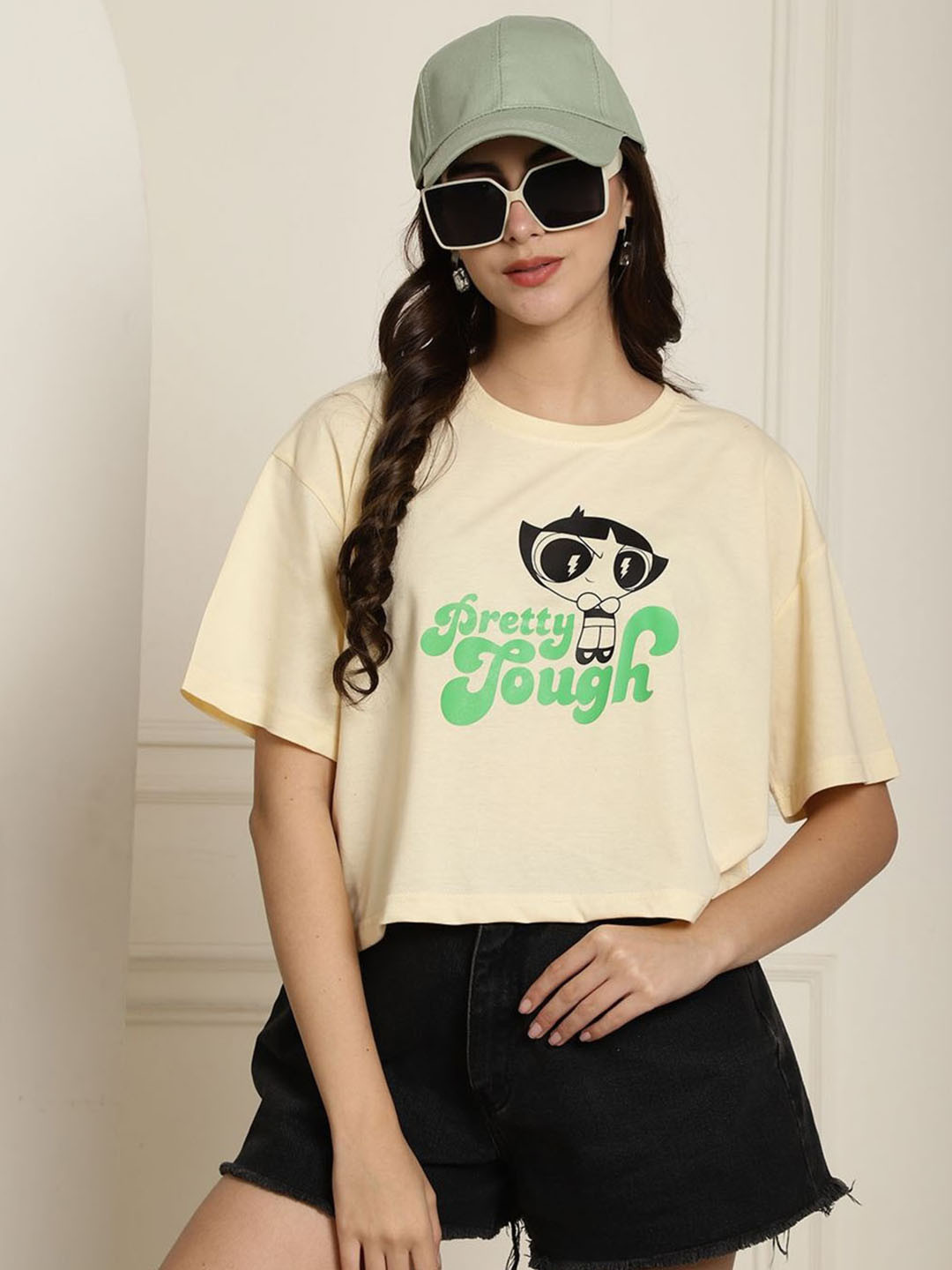 

Dreambe Women Graphic Printed Round Neck Cotton Boxy T-shirt, Cream