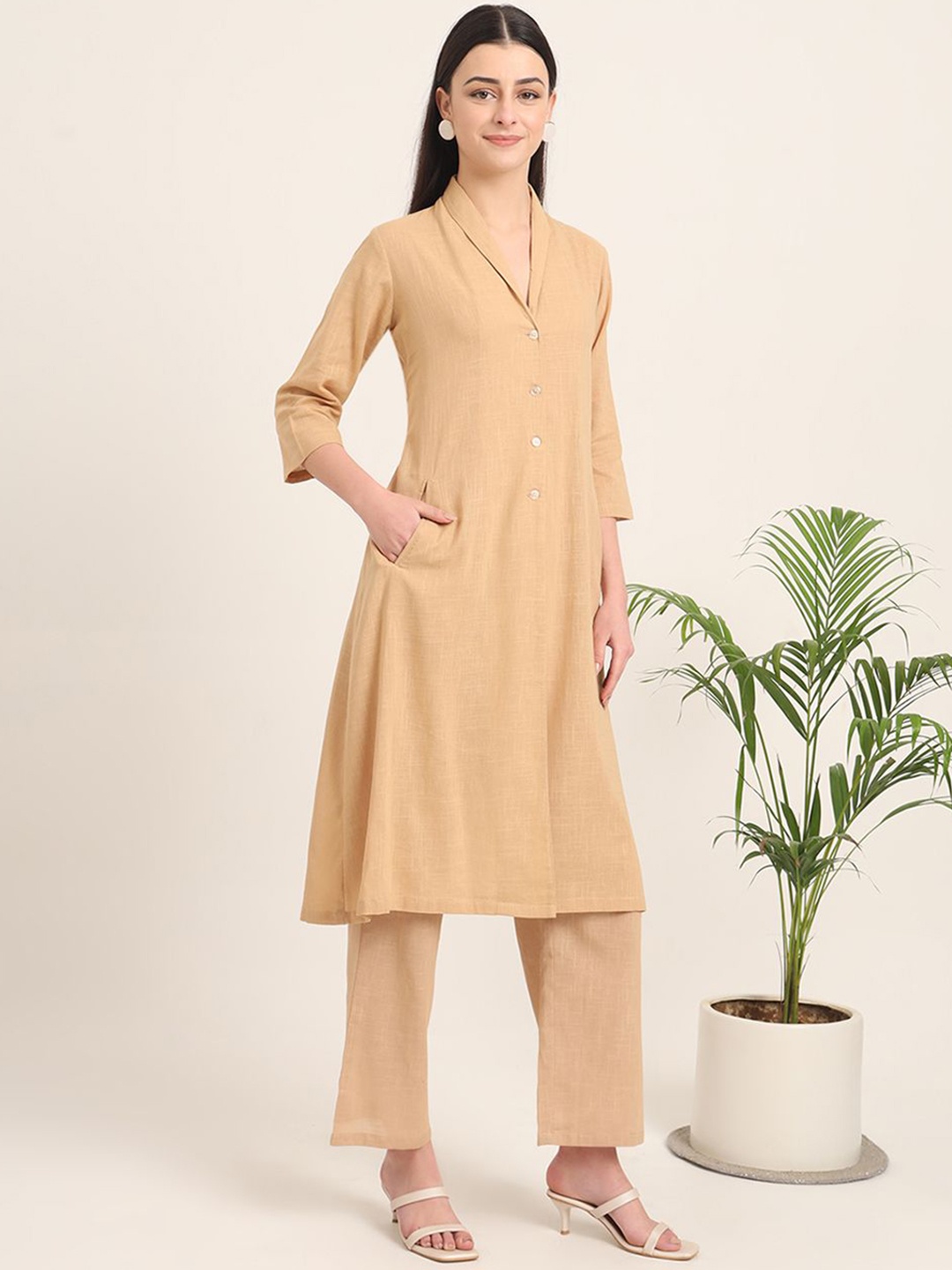 

Thevasa Boho Harmony V-Neck Flared Cotton Kurta, Beige
