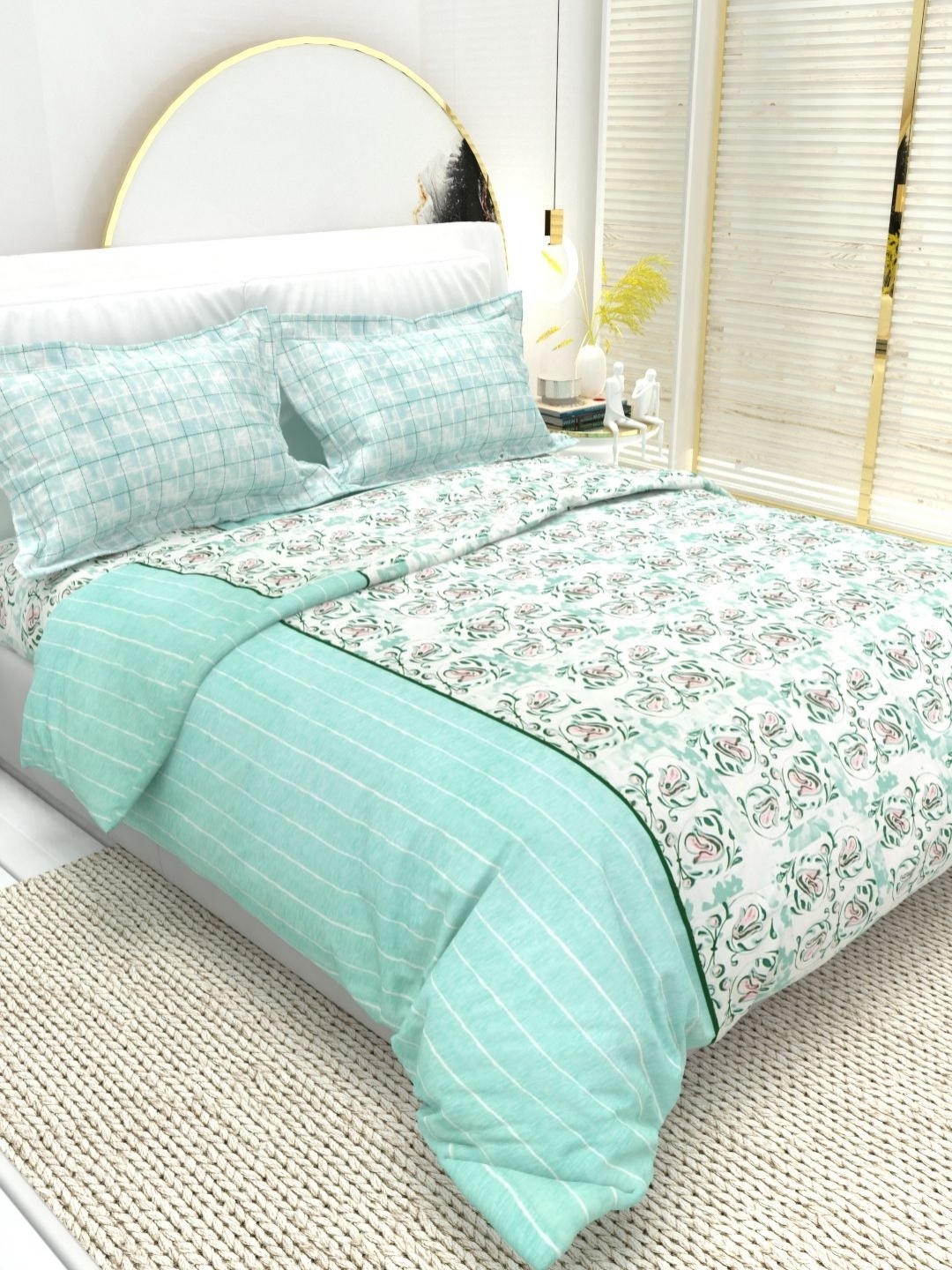 

THE WHITE MOSS Florence White Printed Cotton 220 TC Queen Bedsheet Set-2.25 m x 2.55 m