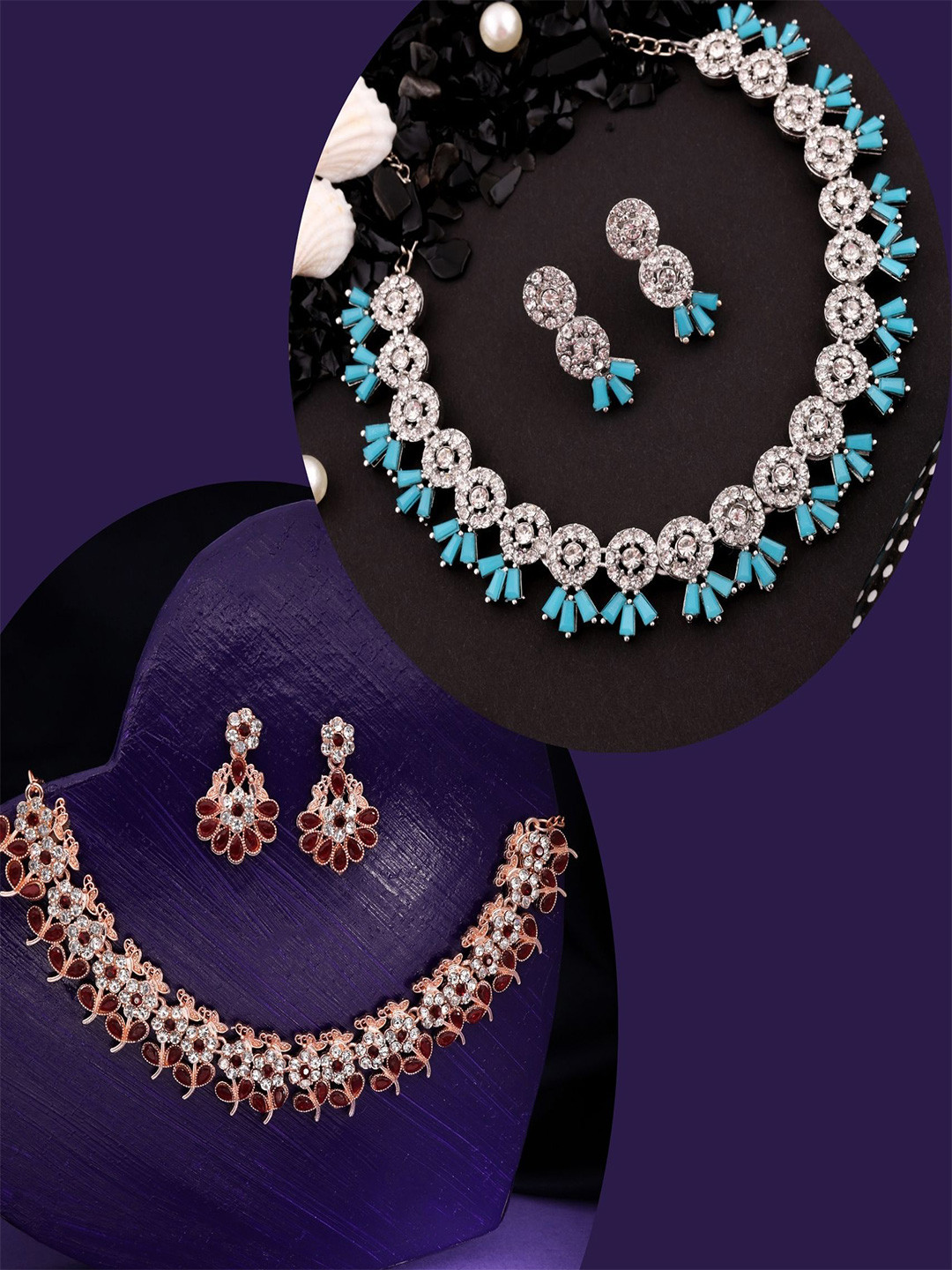 

DIVASTRI Set Of 2 Silver Plated American Diamond Studded Jewellery Set