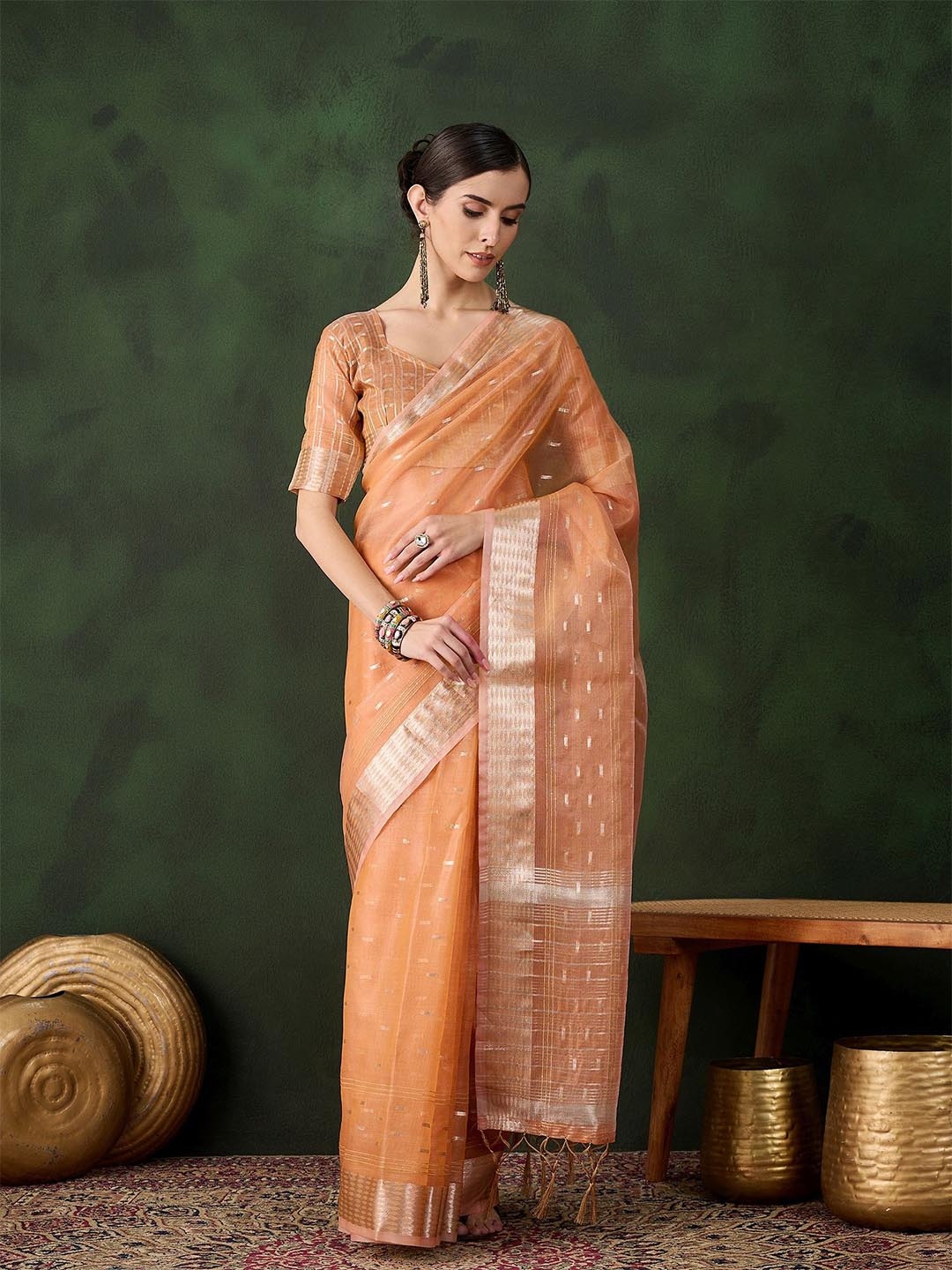 

Maroosh Woven Design Zari Organza Saree, Peach