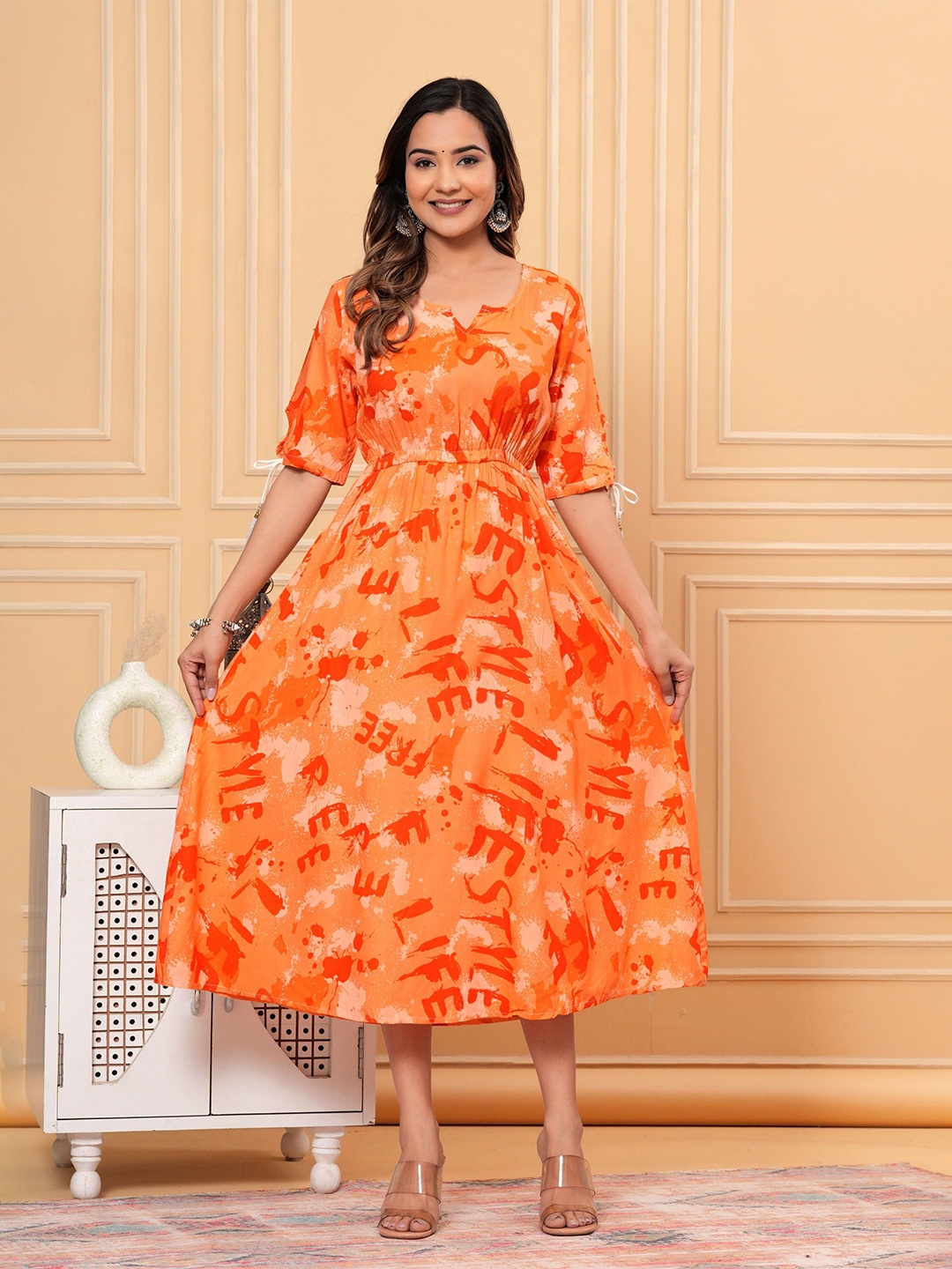 

NEKU FASHOIN Women Printed A-Line Midi Ethnic Dress, Orange