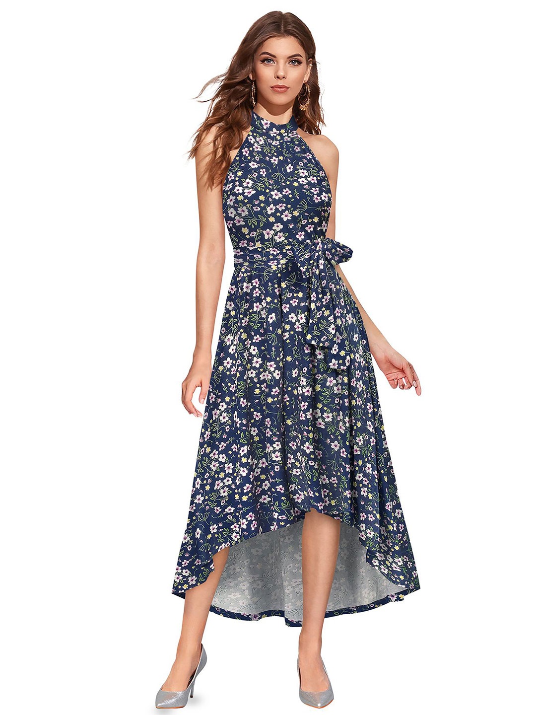 

SHOPONBIT Women Floral Printed Round Neck Sleeveless Fit & Flare Dress, Navy blue