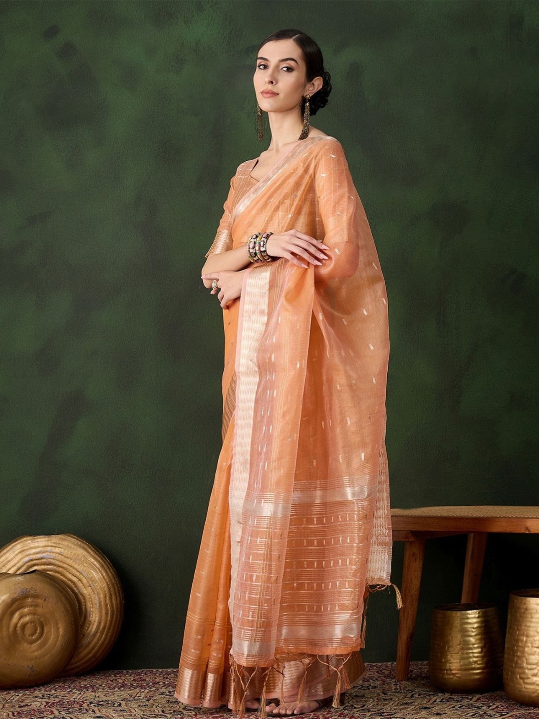 

ODETTE Orange Organza Woven Saree With Unstitched Blouse