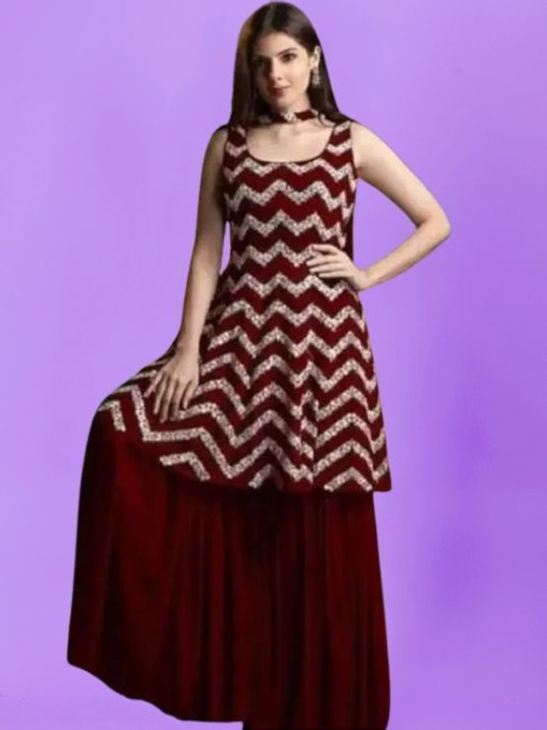 

PARROT CREATION Embroidered Straight Sequinned Kurti With Sharara And Dupatta, Maroon