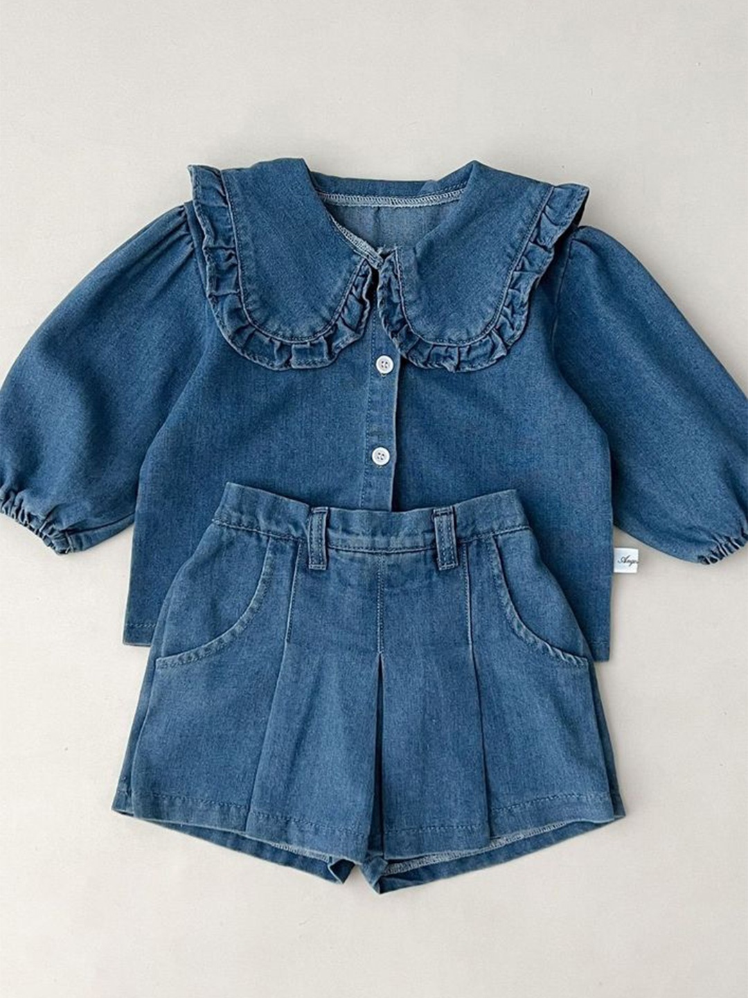 

LULU & SKY Girls Polo Collar Denim Shirt With Shorts, Blue