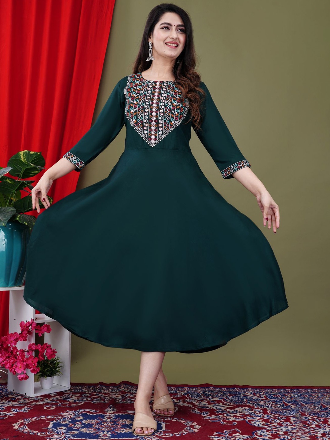 

FebQ Women Embroidered Midi Fit & Flare Dress, Green