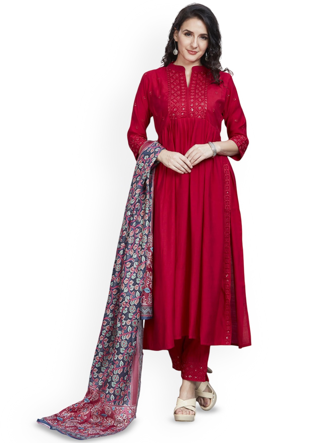 

Nioni Yoke Design Mandarin Collar Chanderi Cotton A-Line Kurta With Trousers & Dupatta, Red