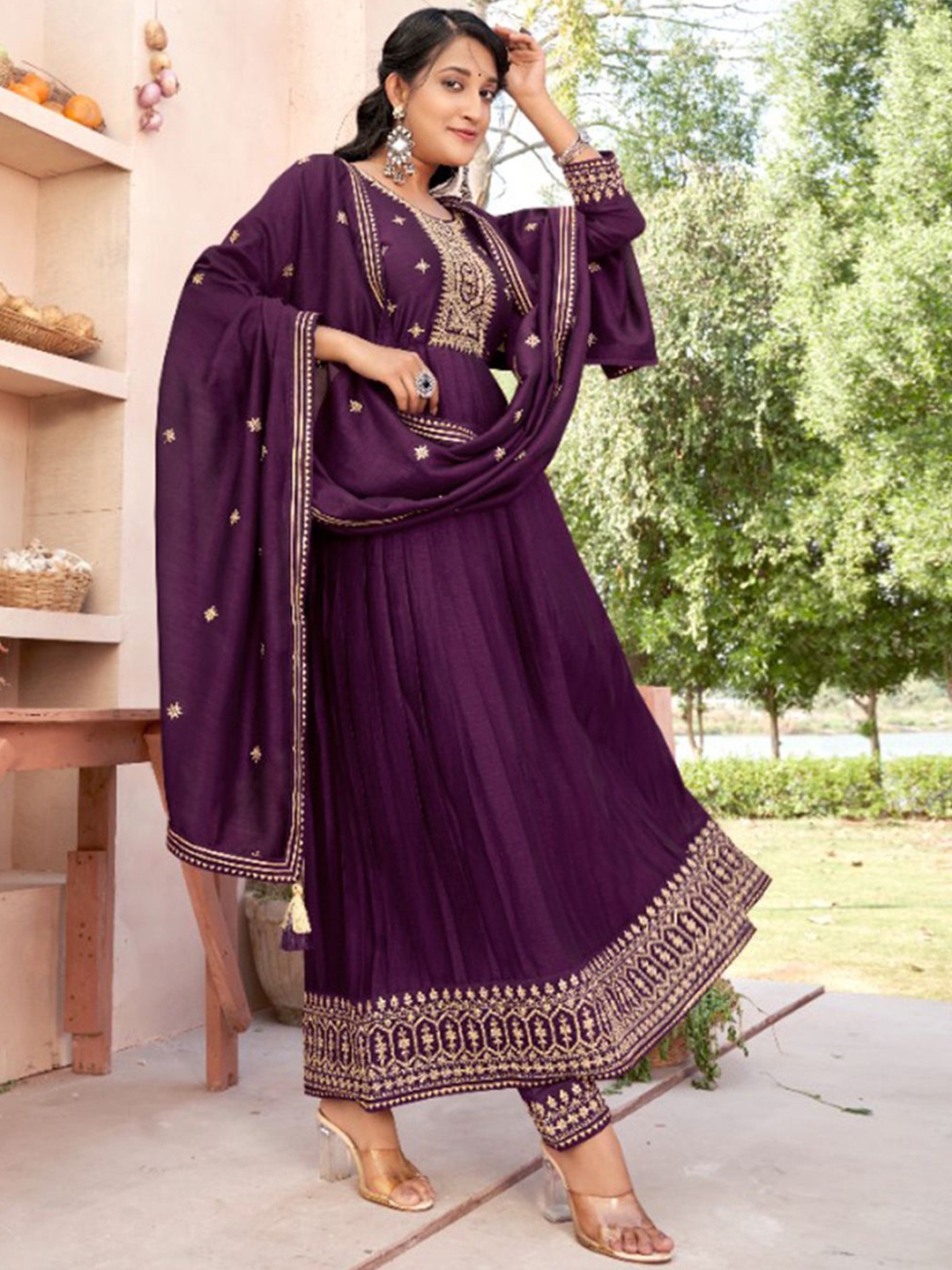 

Sangria Embroidered Round Neck Anarkali Kurta With Trouser & Dupatta, Purple