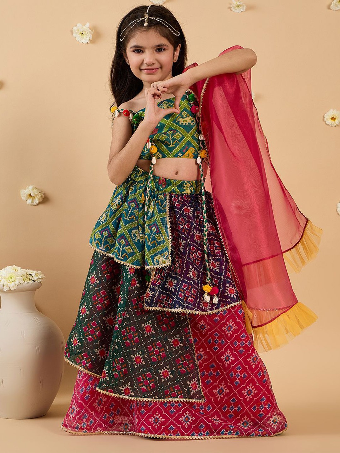 

pspeaches Girls Bandhani Printed Round Neck Lehenga With Blouse And Dupatta, Green