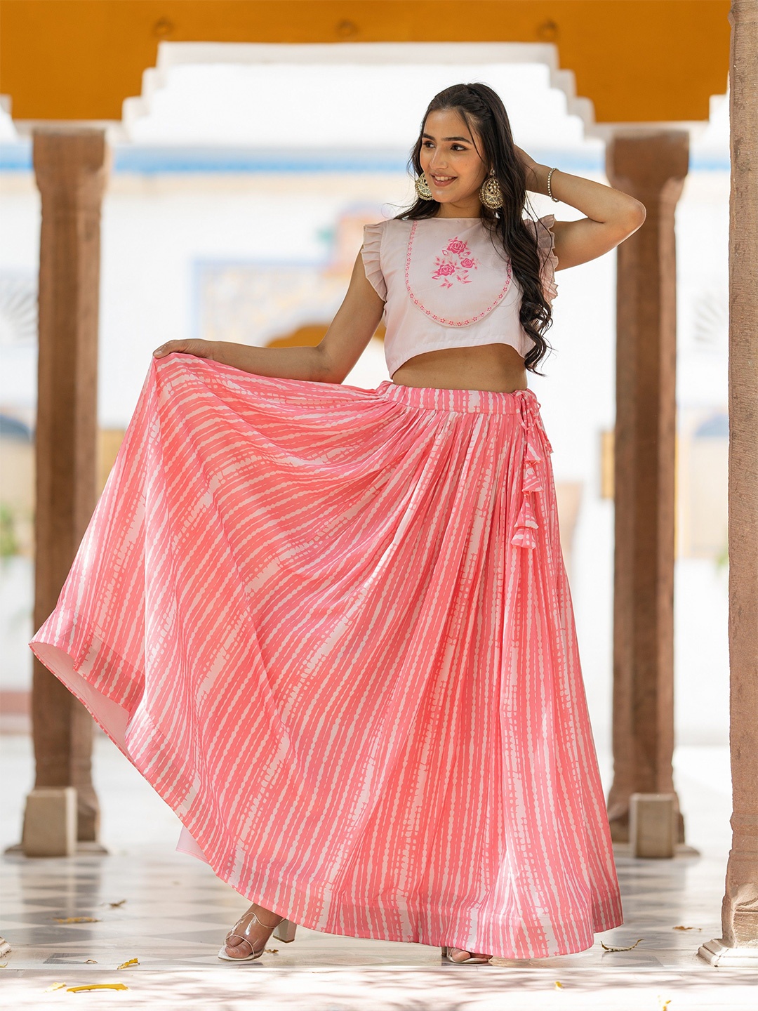 

TASRIKA Embroidered Muslin Silk Semi-Stitched Lehenga & Unstitched Blouse, Pink