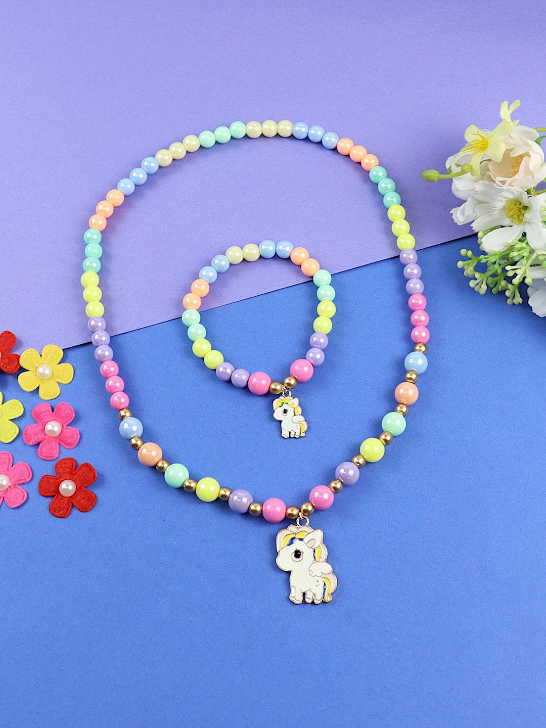 

Asthetika Kids Girls Artificial Beaded Unicorn Charm Necklace & Bracelet, Green