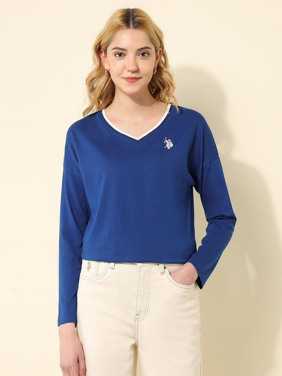 

U.S. Polo Assn. Women Solid V-Neck Cotton Oversized T-shirt, Blue