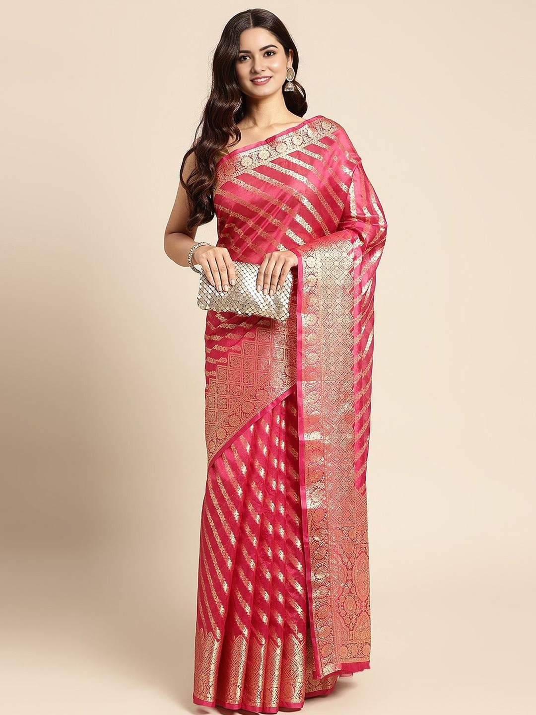 

DIVASTRI Leheriya Zari Organza Banarasi Saree, Pink