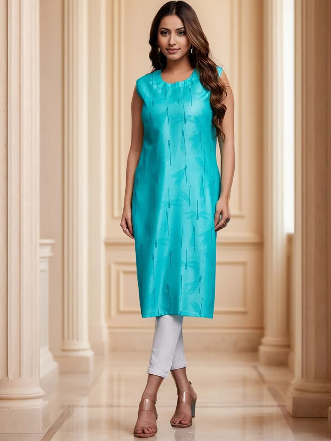 

KALINI Animal Printed Round Neck Straight Kurta, Blue