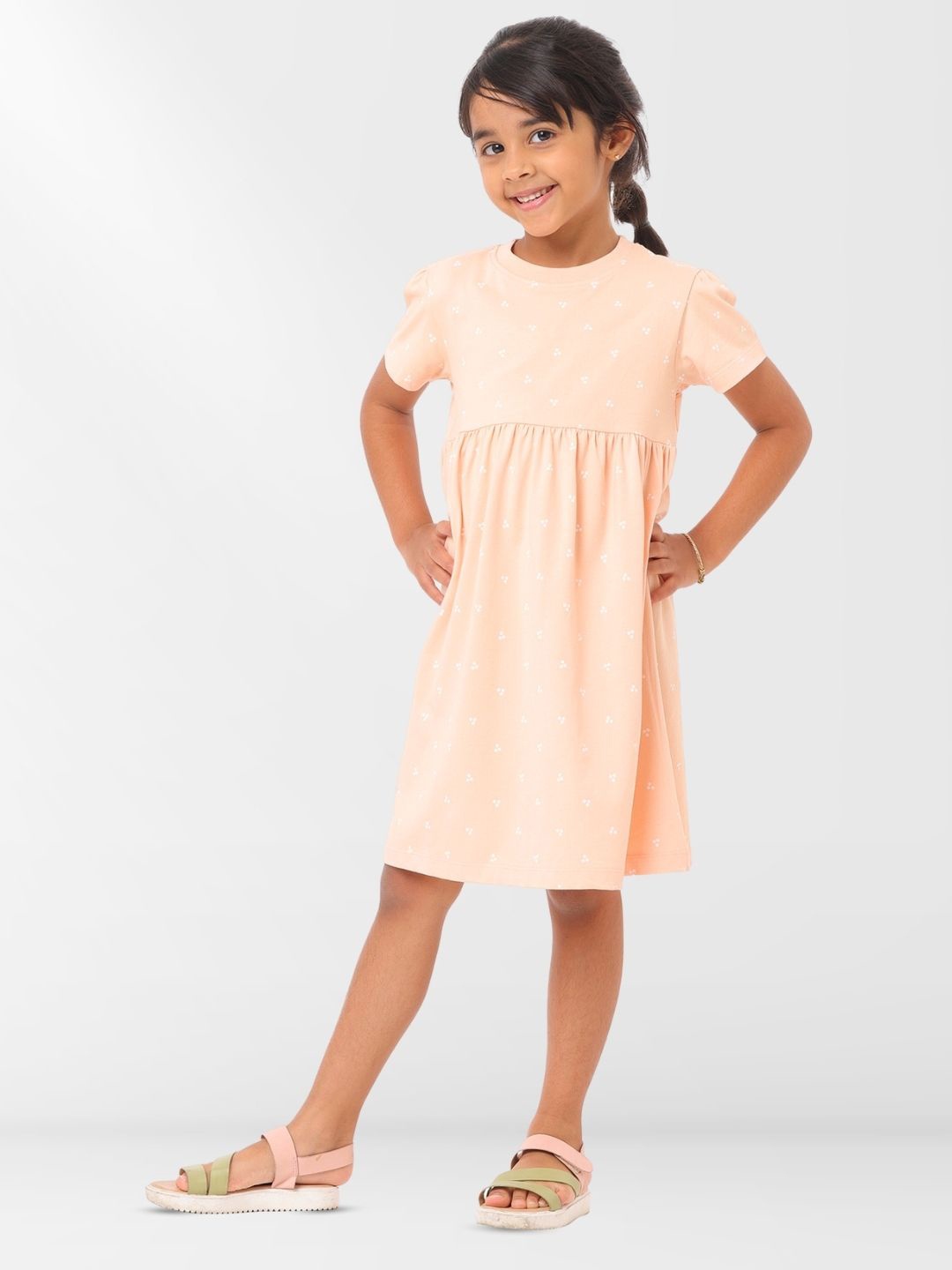 

Nuego Girl Micro Pattern Print Round Neck Short Sleeves Knee Length Cotton A-Line Dress, Peach