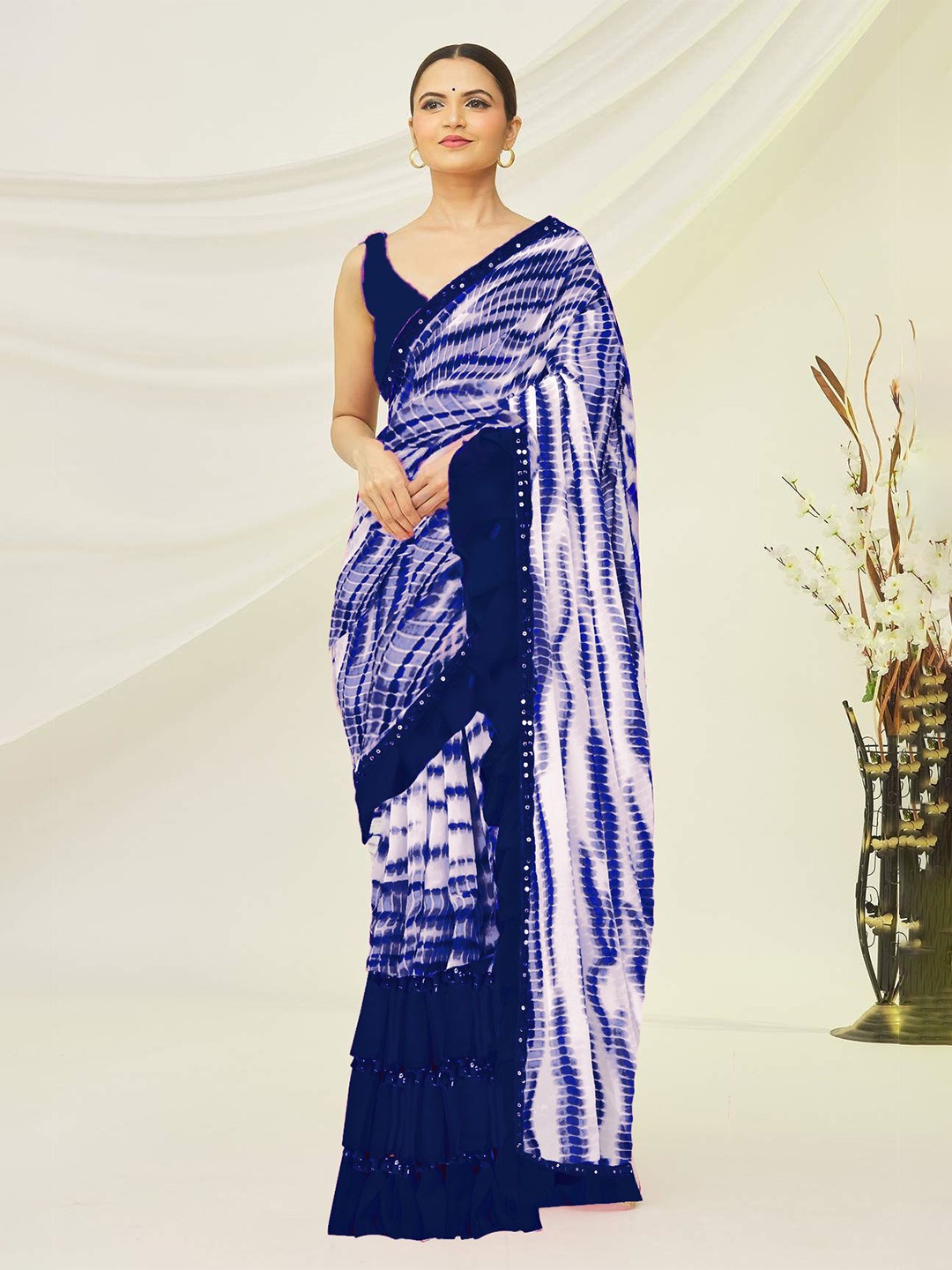 

Moda Rapido Tie and Dye Ruffles Pure Georgette Saree, Navy blue