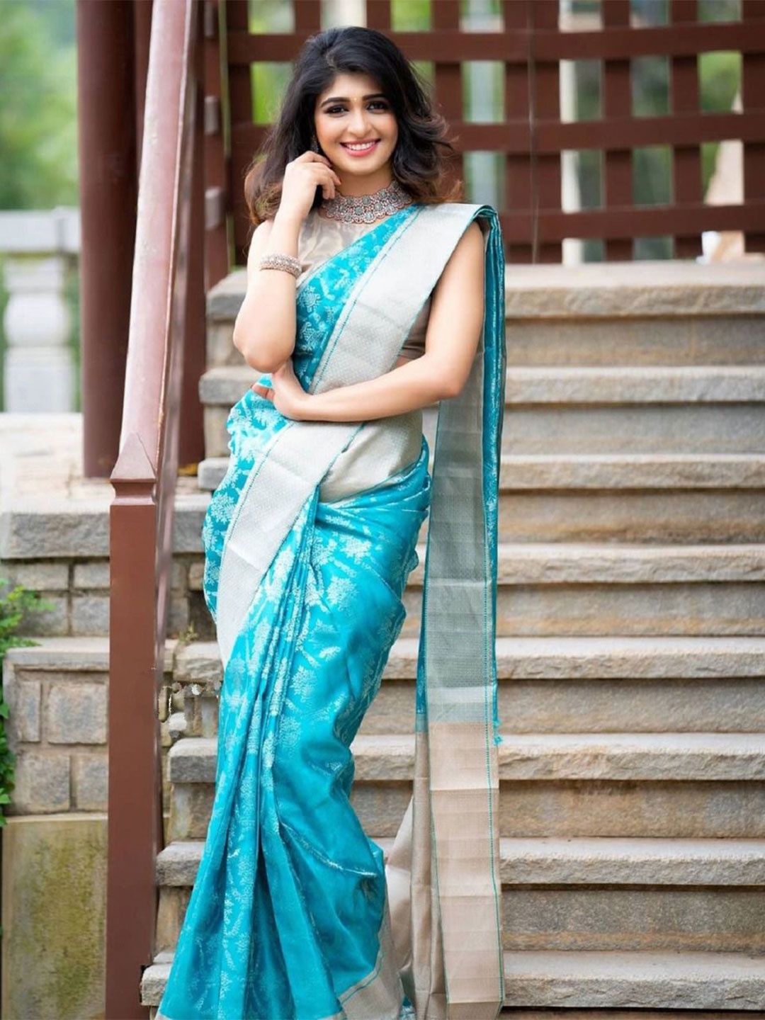 

A TO Z CART Woven Design Zari Pure Silk Banarasi Saree With Unstitched Blouse Piece, Turquoise blue