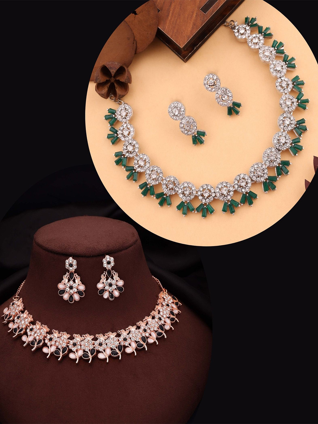 

DIVASTRI Set Of 2 Rose Gold & Silver-Plated American Diamonds Studded Jewellery Set