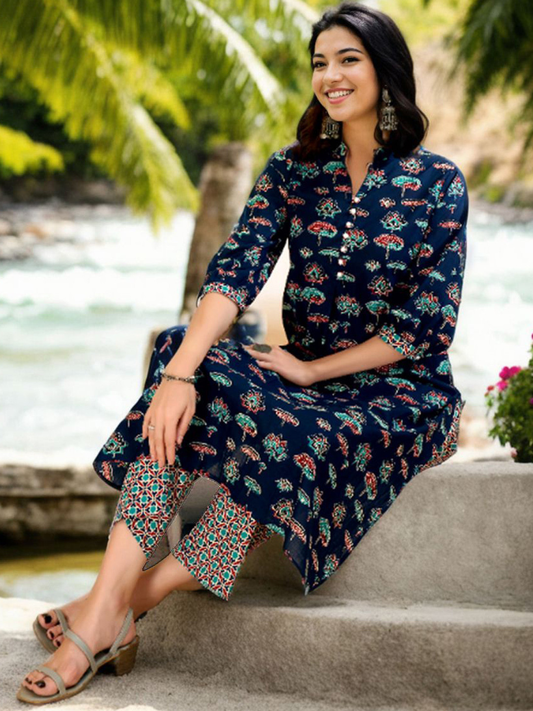 

Anouk Ethnic Motifs Printed Mandarin Collar Pure Cotton A-Line Kurta With Palazzos, Navy blue